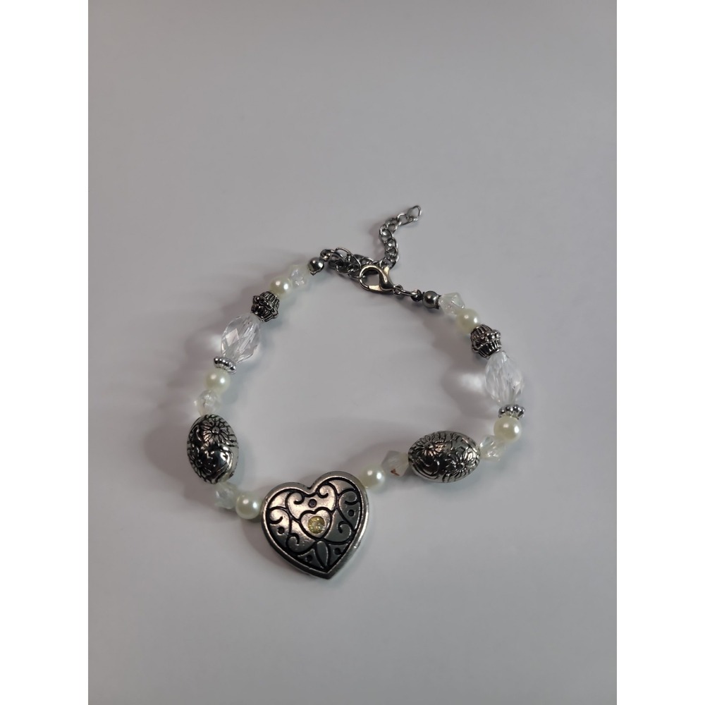 Silver-Tone Heart Charm Beaded Bracelet with Faux Pearls and Clear Faceted Beads